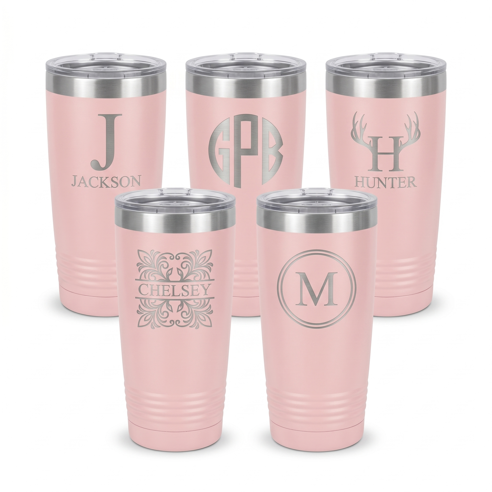 Engraved set of 5 pink 20oz tumblers with silver lip, personalized bridesmaid gift set
