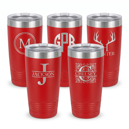 Engraved set of 5 red 20oz tumblers with silver lip, personalized wedding party gift set