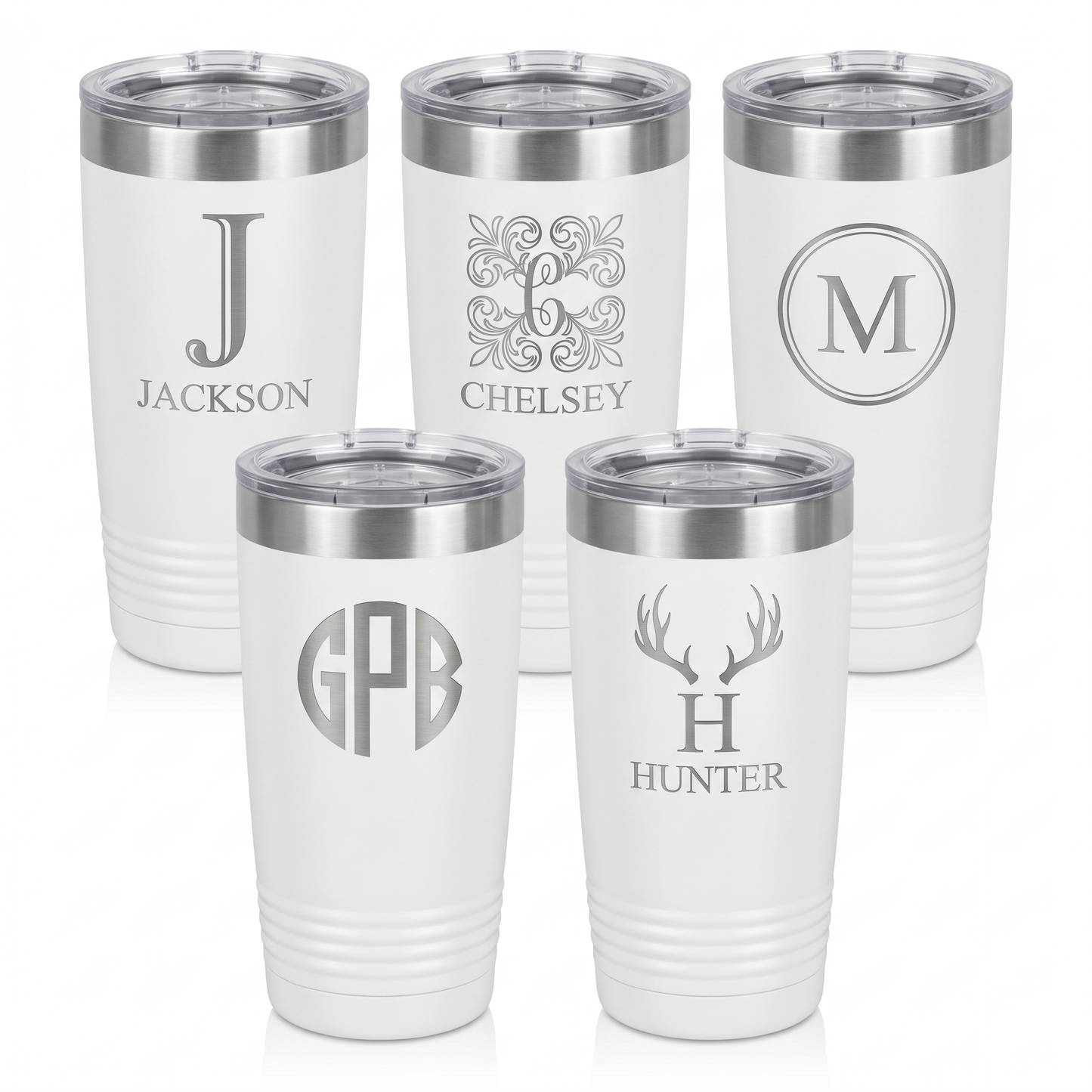 Engraved set of 5 white 20oz tumblers with silver lip, personalized groomsmen gift set