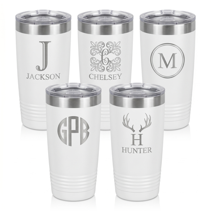 Engraved set of 5 white 20oz tumblers with silver lip, personalized groomsmen gift set