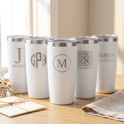 Set of 5 engraved white tumblers styled as a bridesmaid proposal gift with names and roles