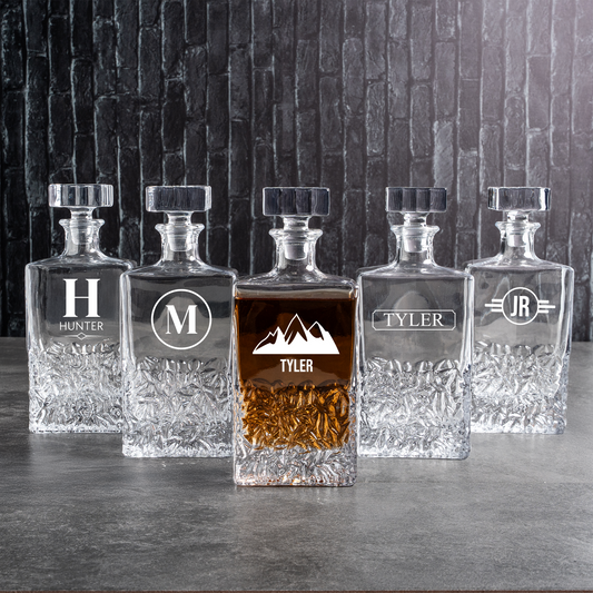 Set of 5 Engraved Square 24oz Whiskey Decanters - groomsmen gift set