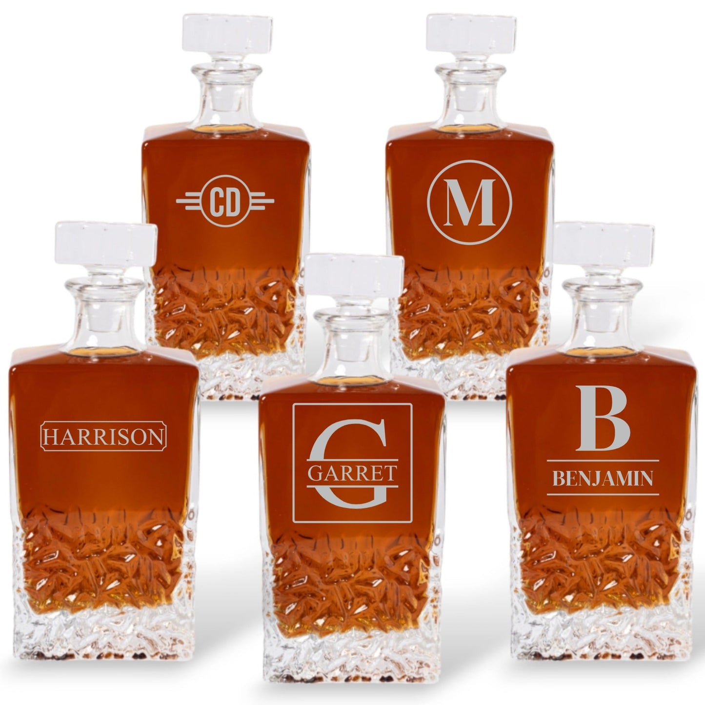 Groomsmen Set of 5 Engraved Square 24oz. Whiskey Decanters