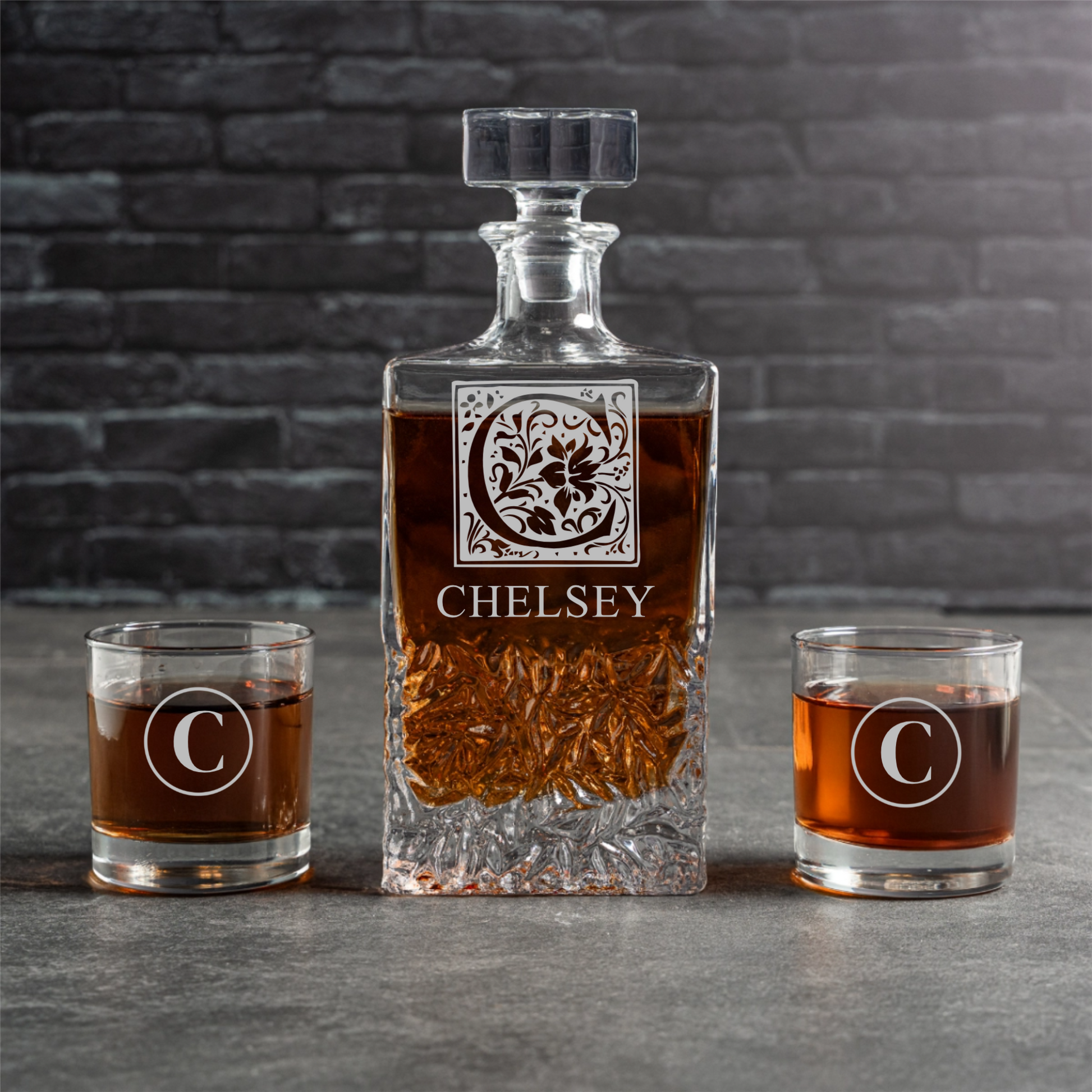 Custom decanter set on home bar groomsman proposal gift