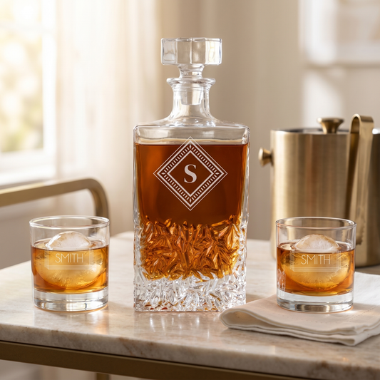 Personalized Signature decanter set styled on a marble bar cart with brass accents - groomsmen gift