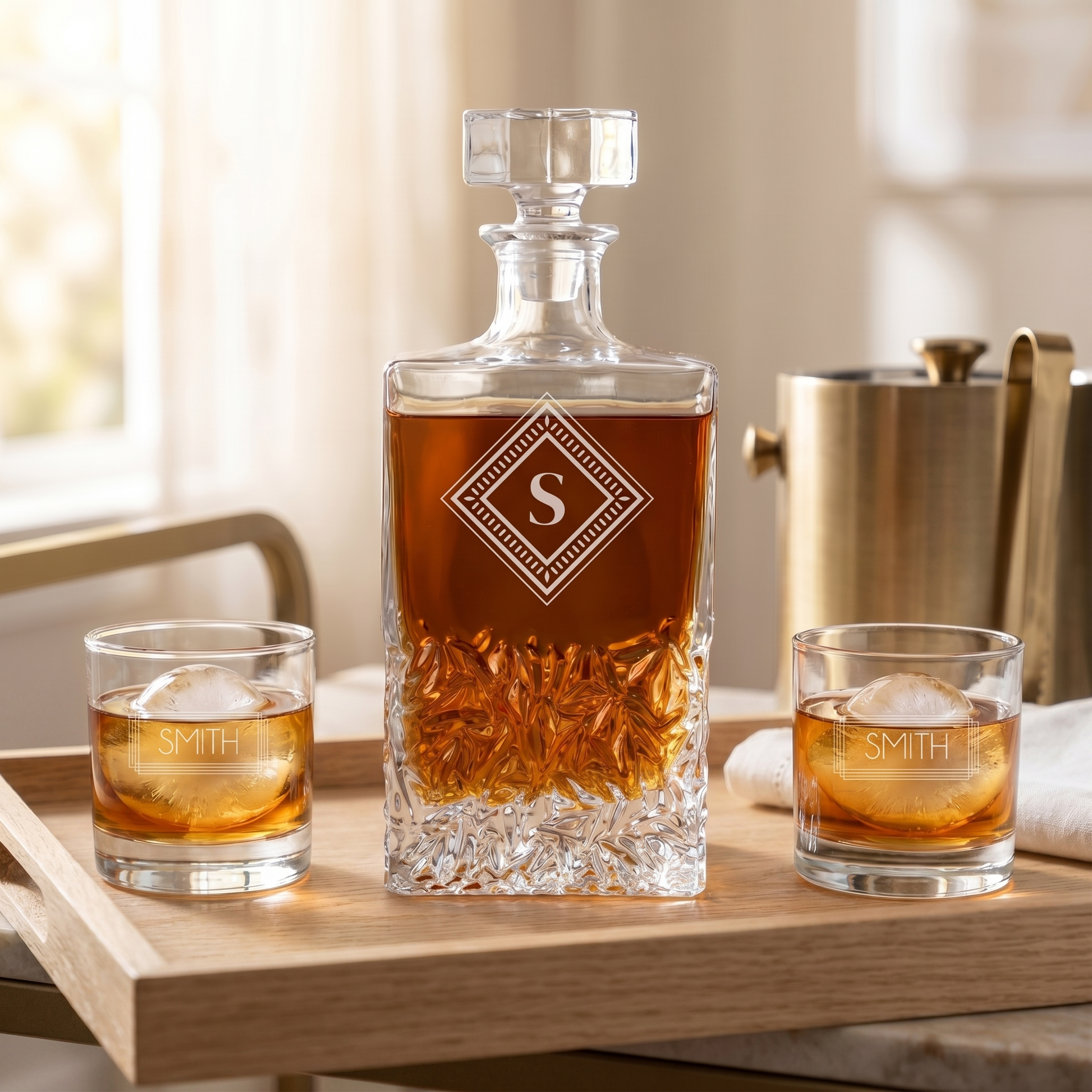 Personalized Signature decanter set on a wood serving tray with brass ice bucket - groomsmen whiskey gift