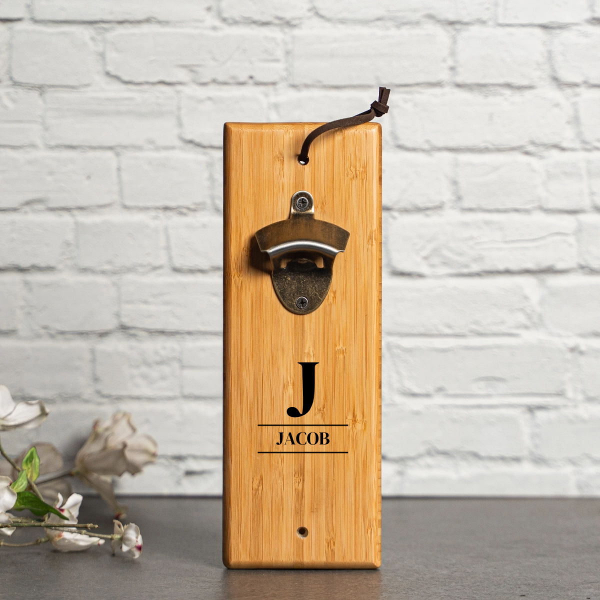 Engraved bamboo wall mount bottle opener - personalized groomsmen gift