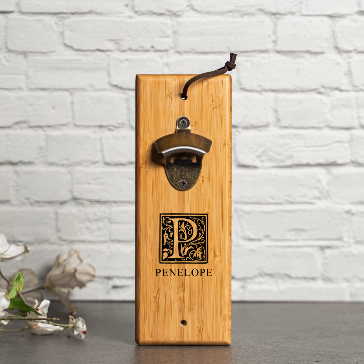 Bamboo wall mounted bottle opener with magnetic cap catch groomsmen gift view 1