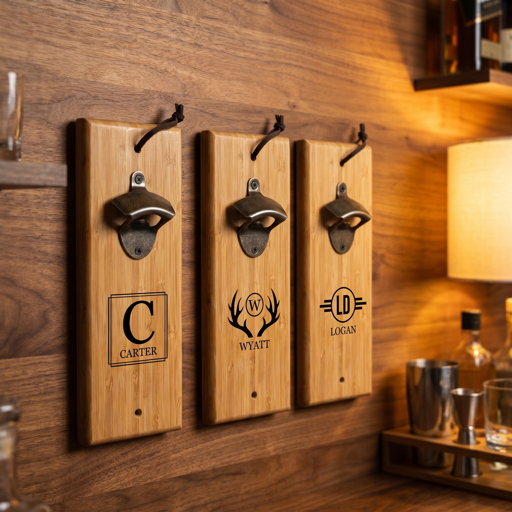 Three engraved bamboo wall mount bottle openers with different monogram and antler designs