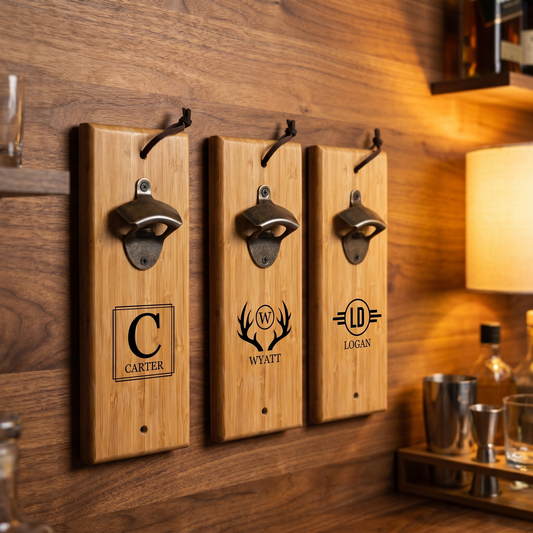 Three engraved bamboo wall mount bottle openers with different monogram and antler designs