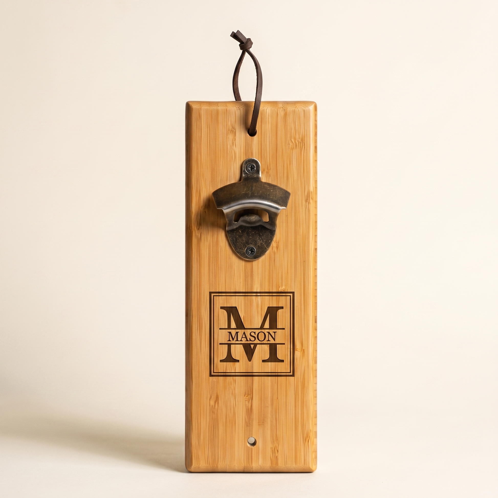 Engraved bamboo wall mount bottle opener with monogram - personalized groomsmen gift