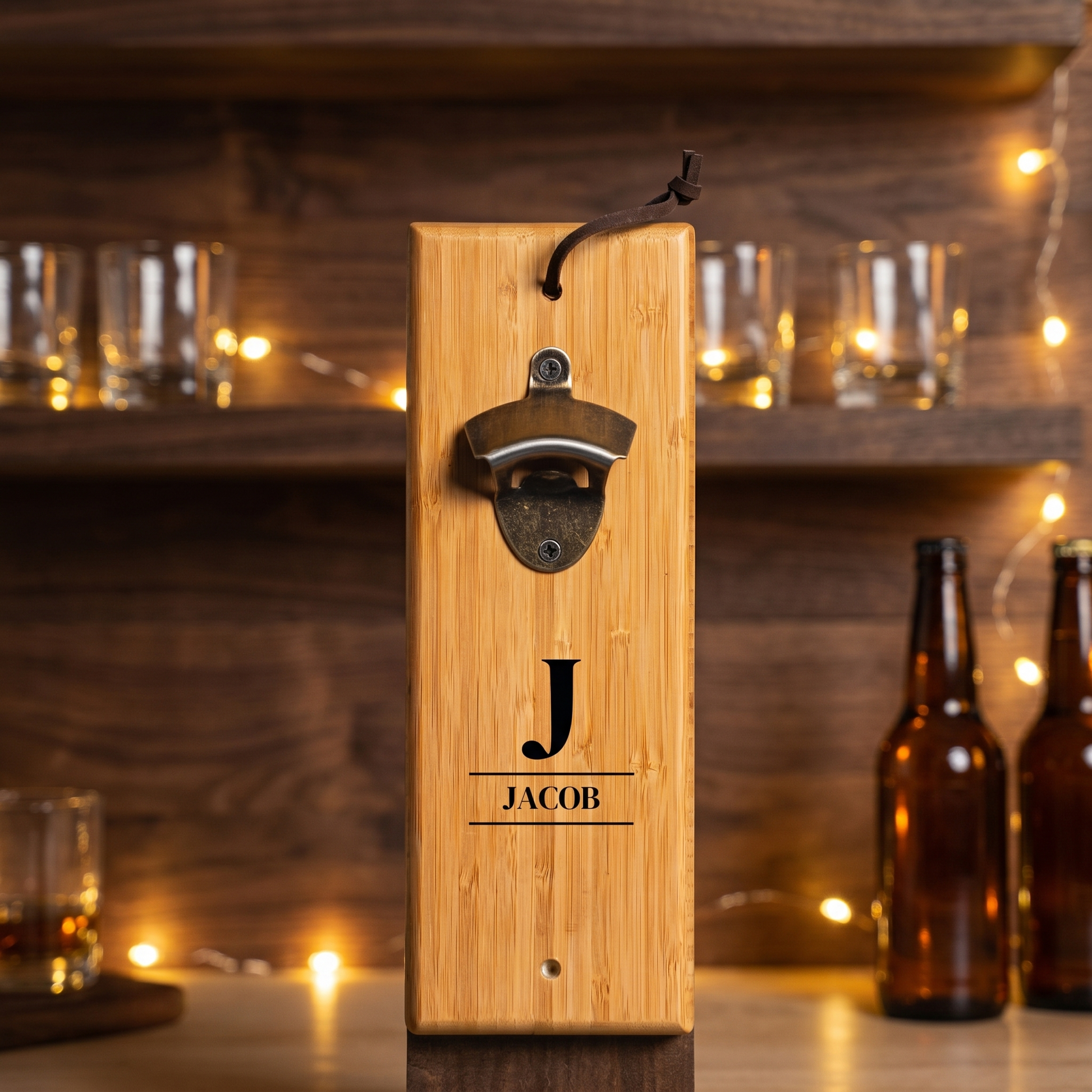 Bamboo wall mount bottle opener mounted in a home bar - groomsman gift for him