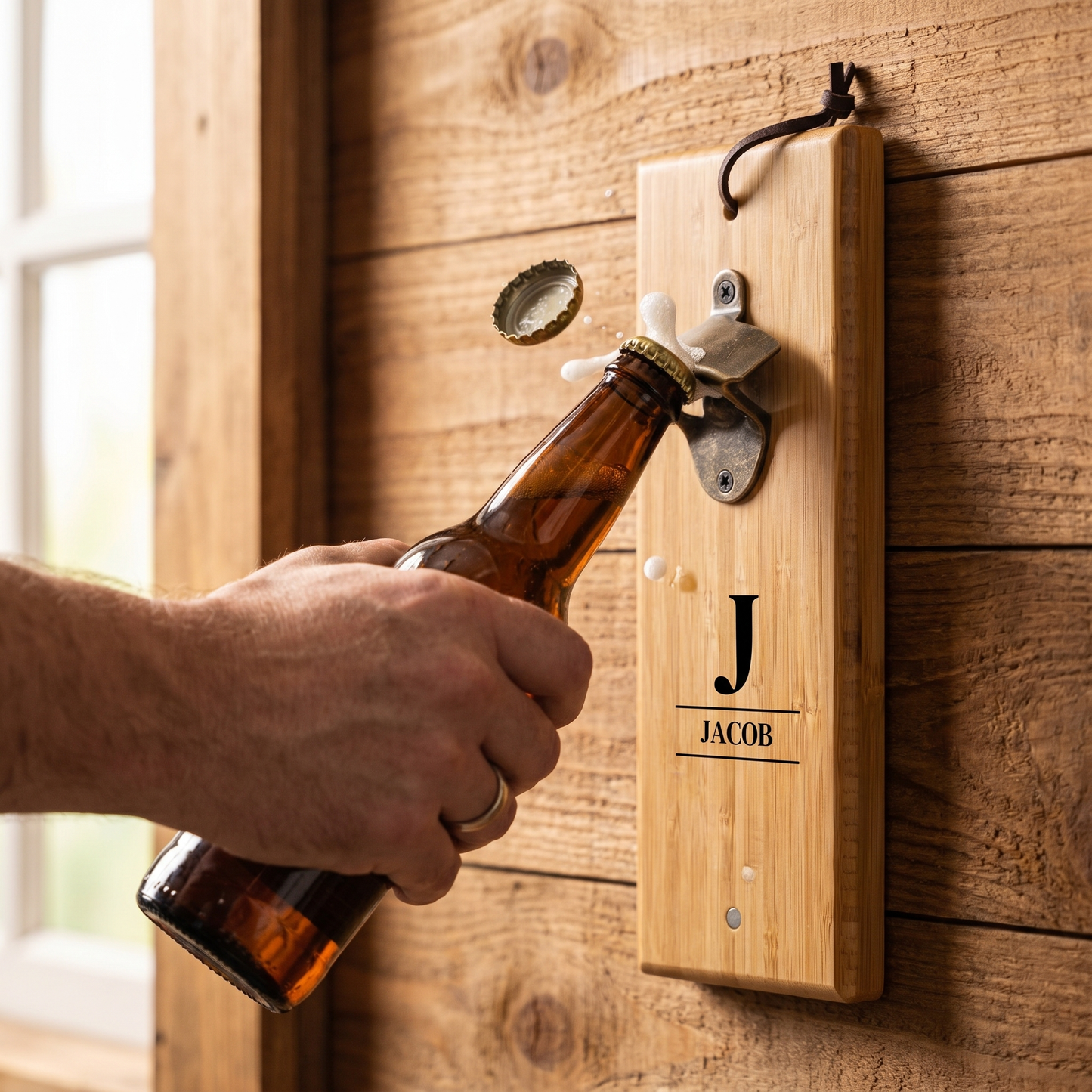Using the engraved bamboo wall mount bottle opener to open a beer - best man gift