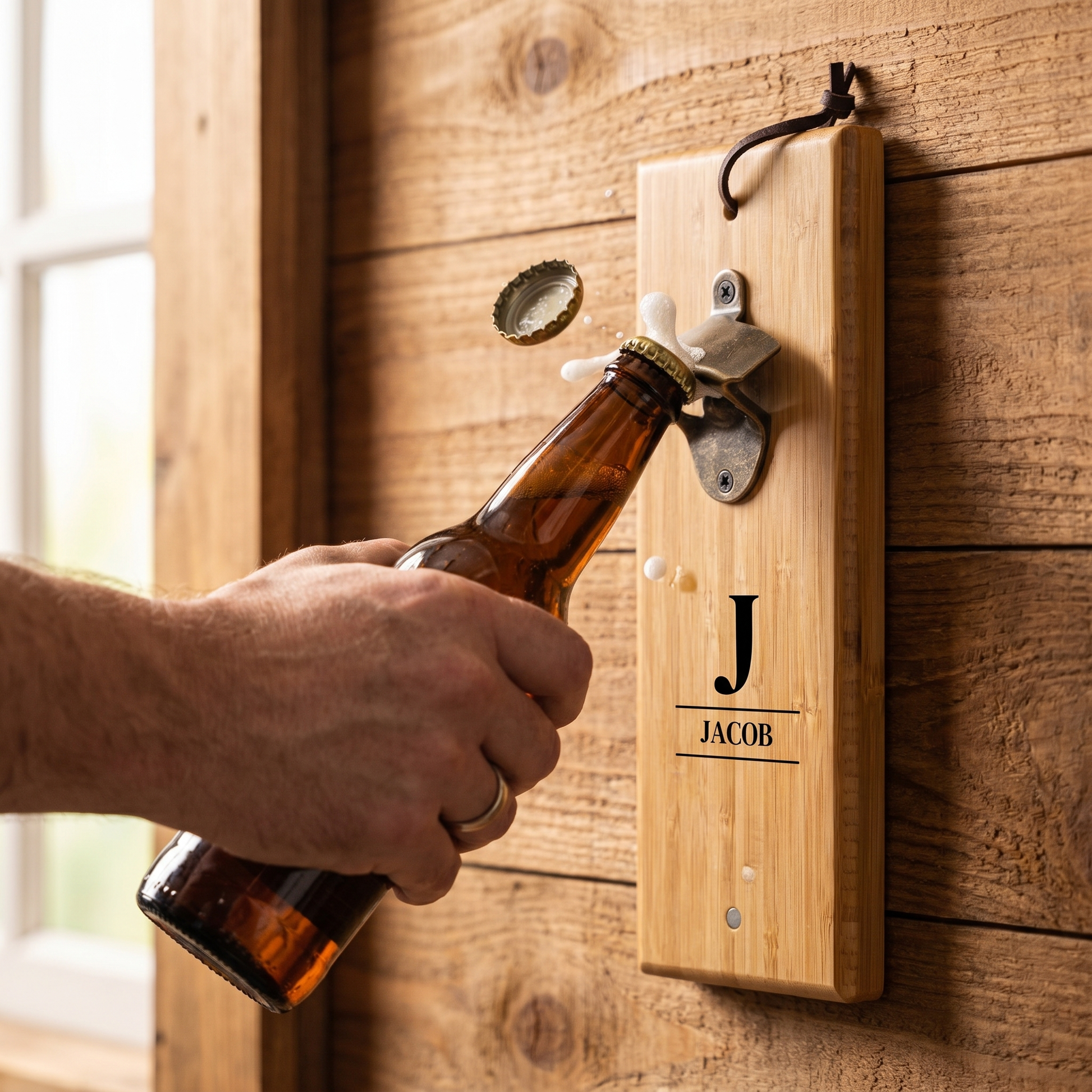 Using the engraved bamboo wall mount bottle opener to open a beer - best man gift