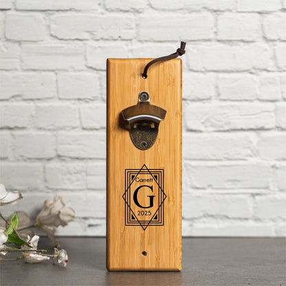 Engraved Reserve bamboo bottle opener magnetic cap catch groomsmen gift view 2