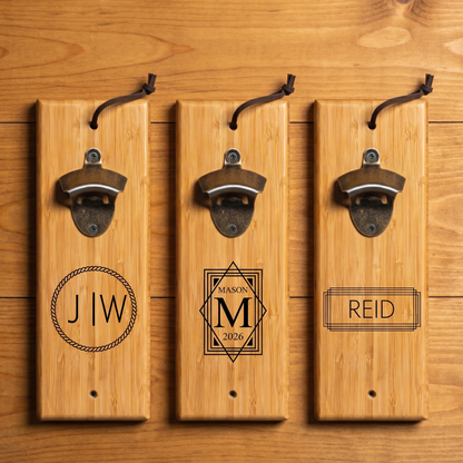 Three Reserve Collection bamboo wall mount bottle openers with different signature engraving designs
