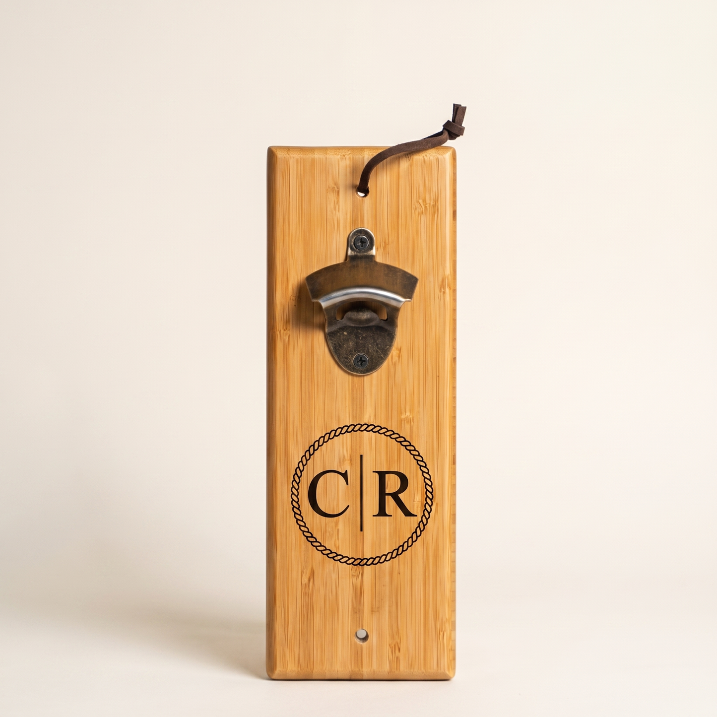 Engraved bamboo wall mount bottle opener Reserve Collection with signature monogram - groomsmen gift