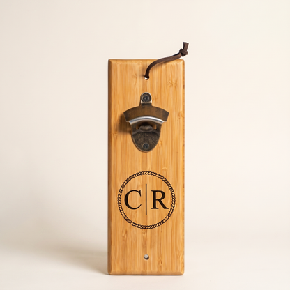 Engraved bamboo wall mount bottle opener Reserve Collection with signature monogram - groomsmen gift
