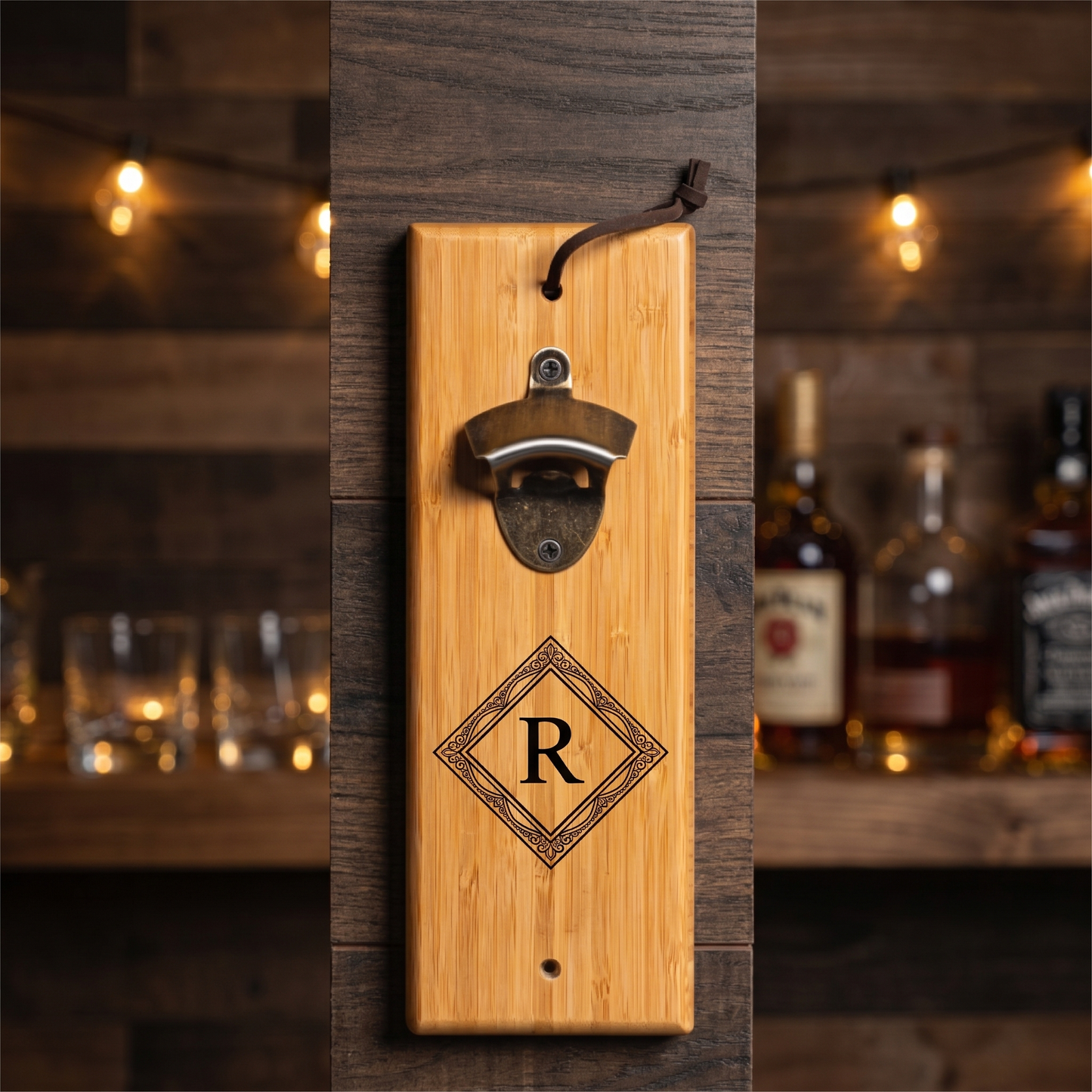 Reserve Collection bamboo wall mount bottle opener mounted in a home bar - groomsman gift