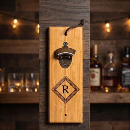 Reserve Collection bamboo wall mount bottle opener mounted in a home bar - groomsman gift