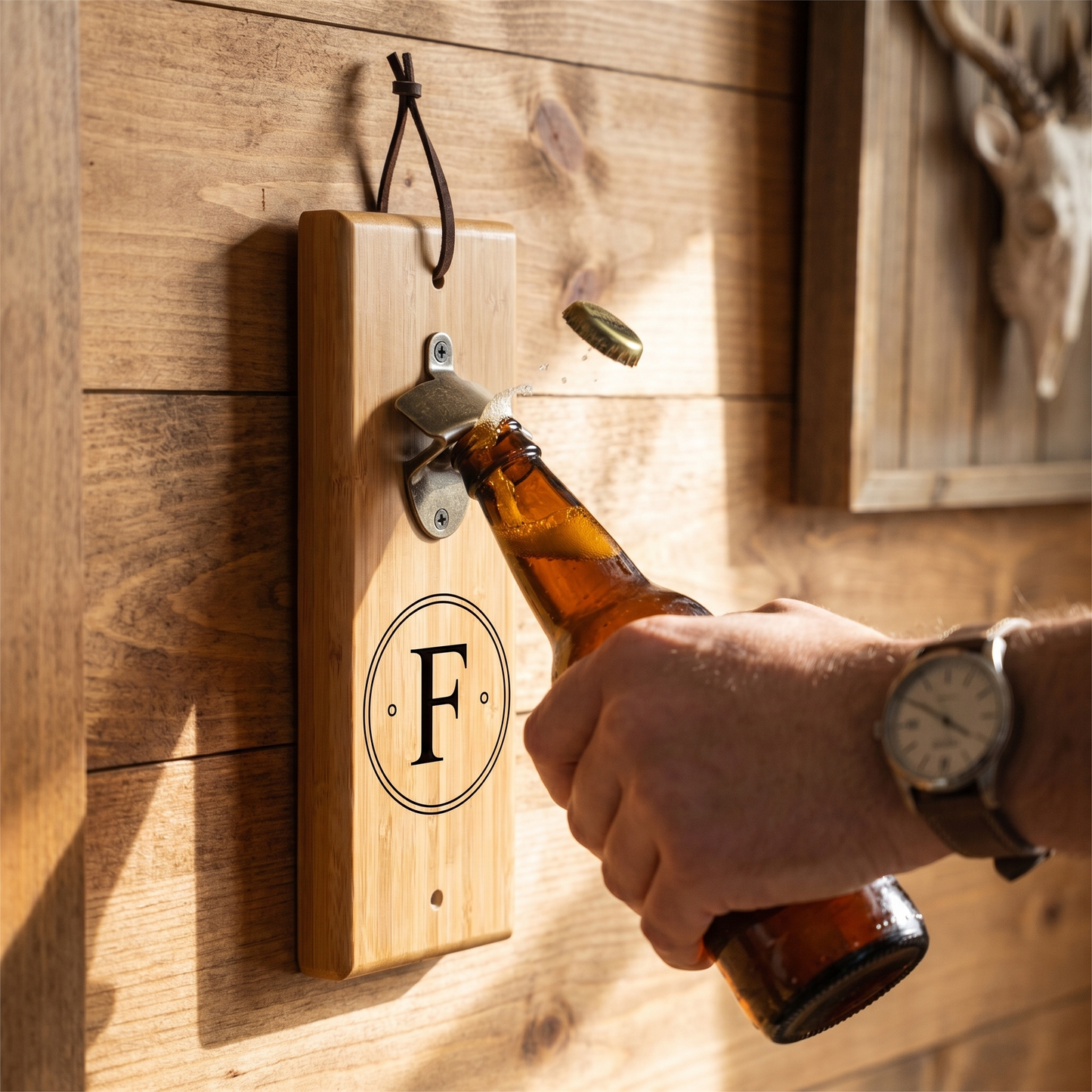 Using the Reserve Collection bamboo wall mount bottle opener to open a beer - best man gift