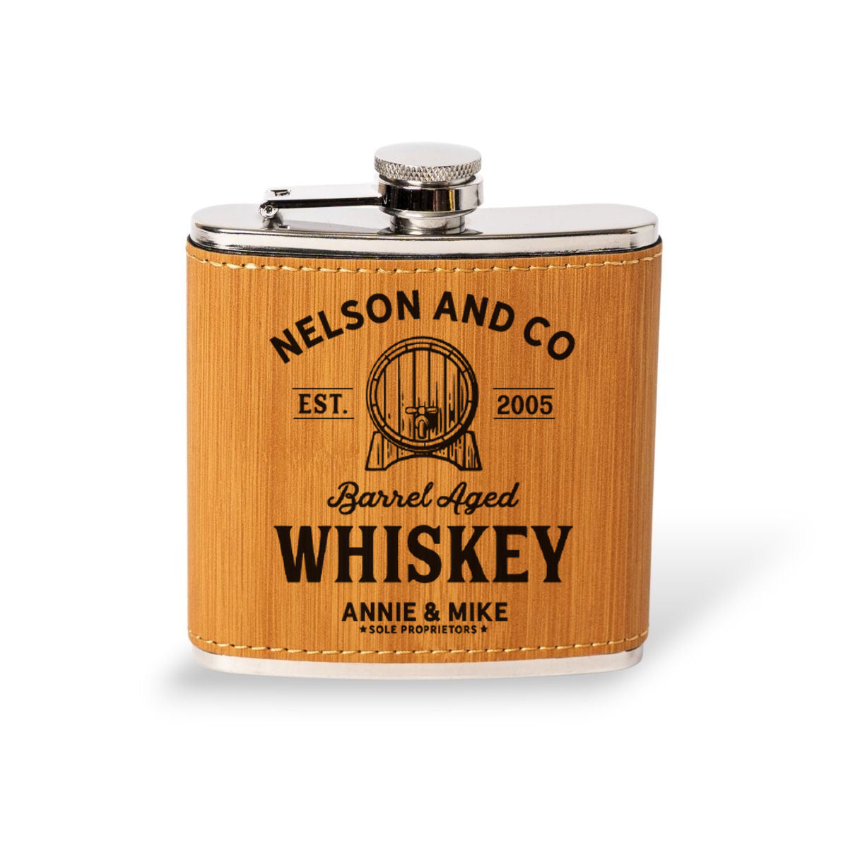 Bamboo leather flask engraved with the Nelson and Co whiskey label, groomsman proposal gift