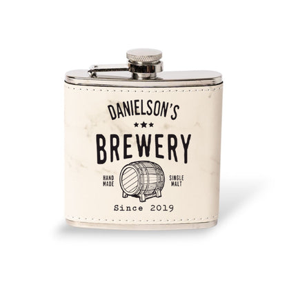 Marble leather flask engraved with the Danielson's Brewery label, custom whiskey gift