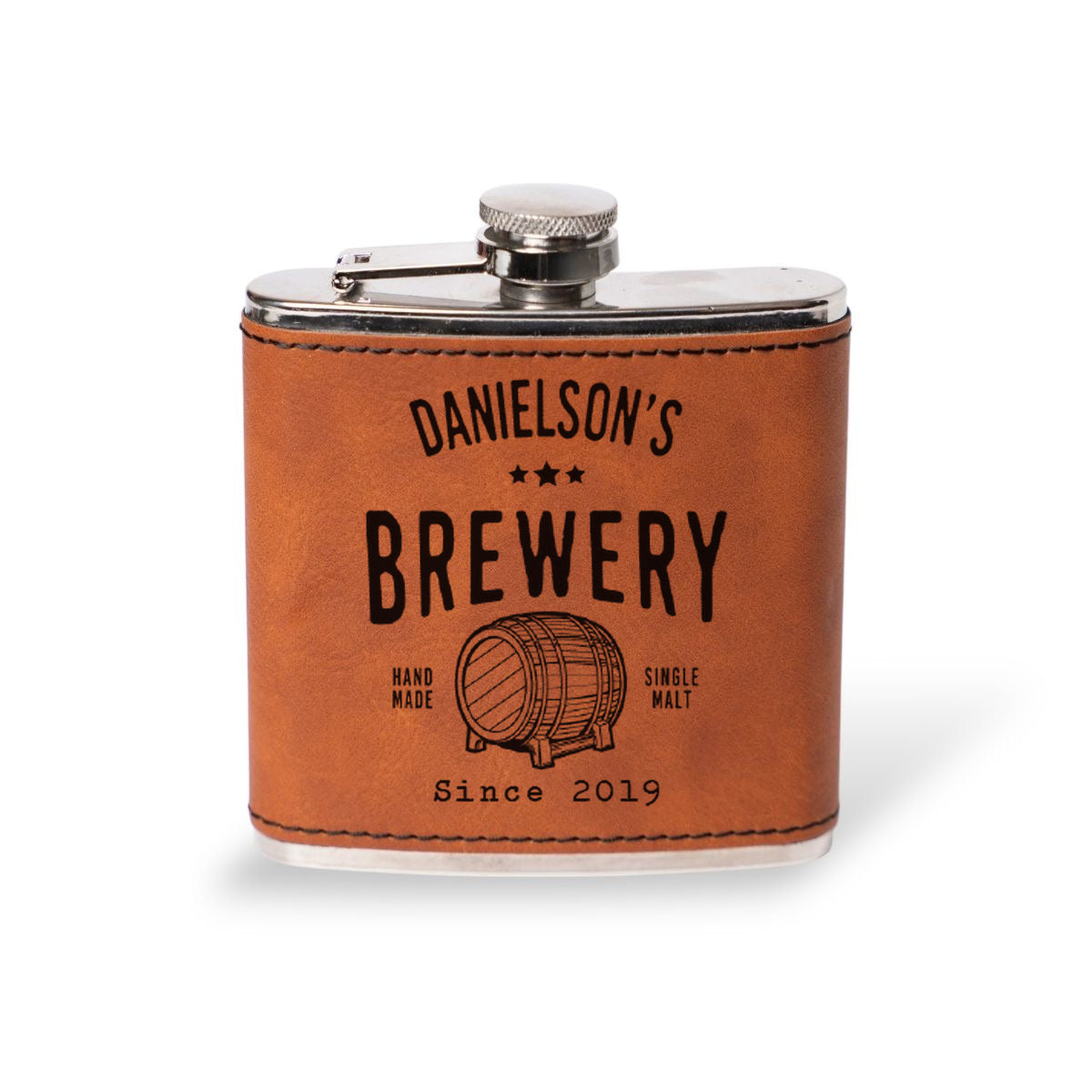 Rawhide leather flask engraved with the Danielson's Brewery label, bachelor party gift