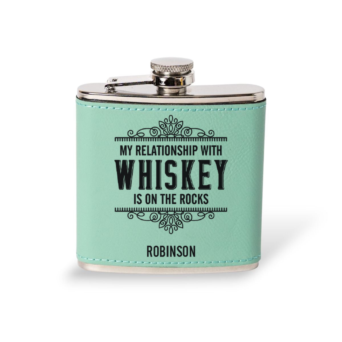 Teal leather flask engraved with the My Relationship With Whiskey label, personalized gift for him