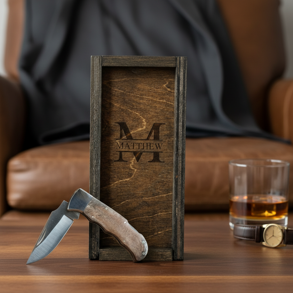 Personalized burl wood handle pocket knife with engraved gift box - groomsmen gift