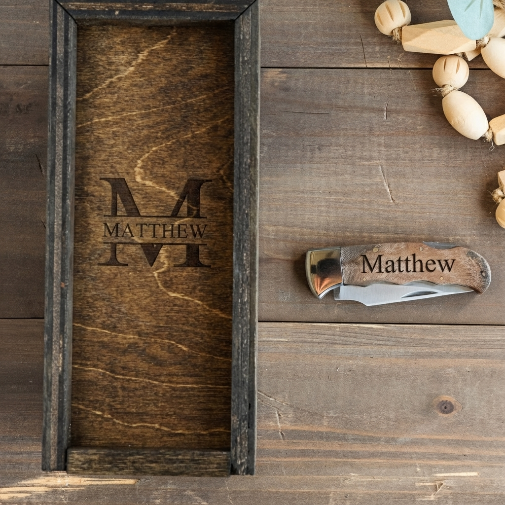Burl wood folding pocket knife engraved blade groomsmen gift view 1