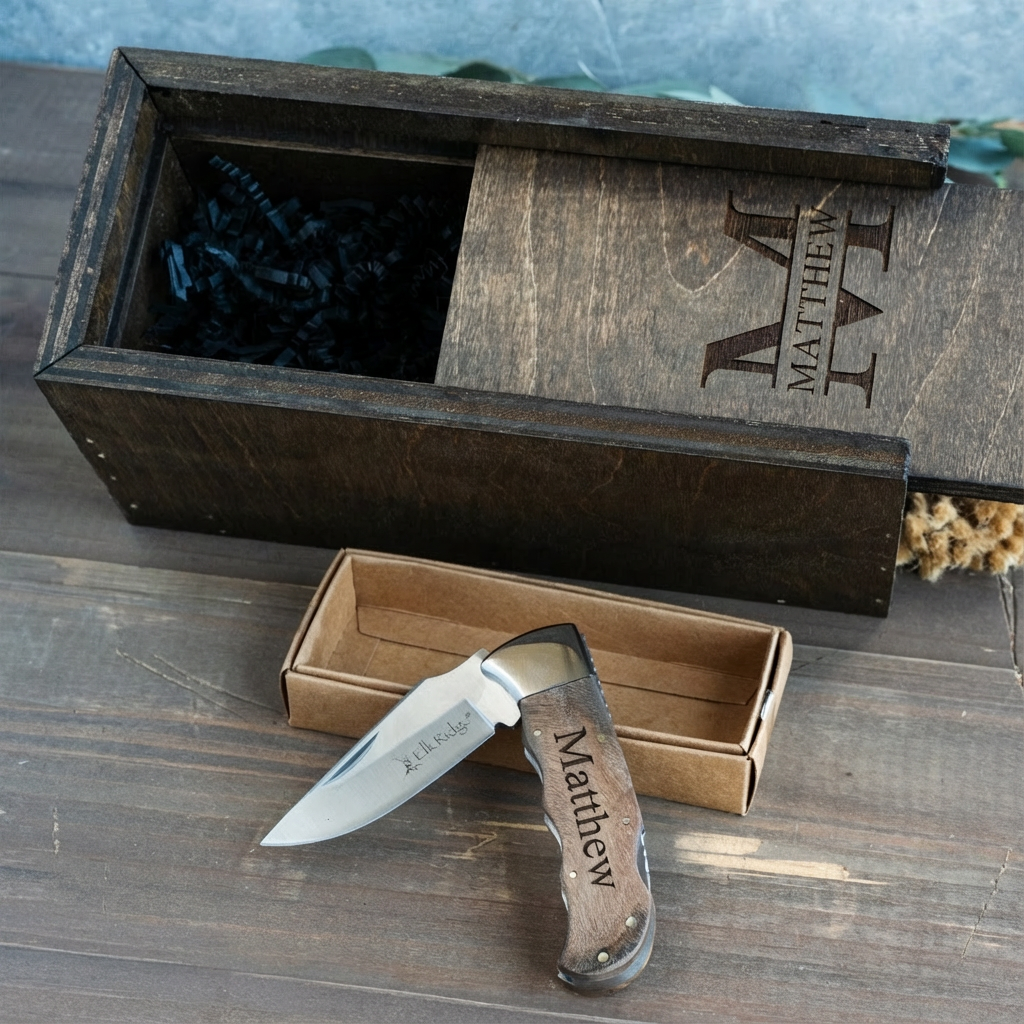 Custom engraved burl wood handle knife with wooden presentation box view 2