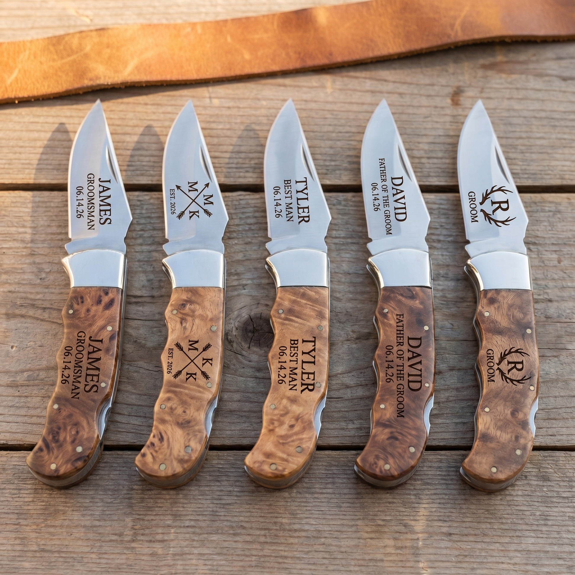 Personalized burl wood handle pocket knives - group lineup of 5 with different engravings for the wedding party