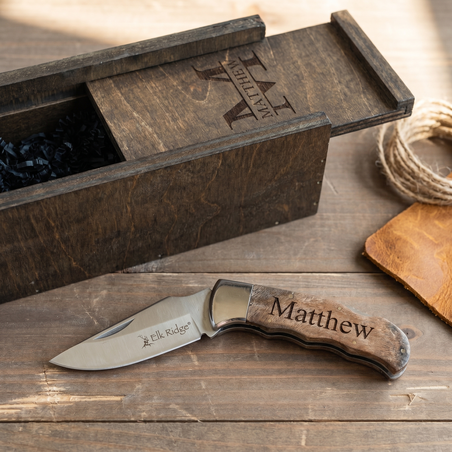 Personalized burl wood handle pocket knife with engraved wooden gift box - workshop hero shot