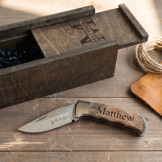 Personalized burl wood handle pocket knife with engraved wooden gift box - workshop hero shot