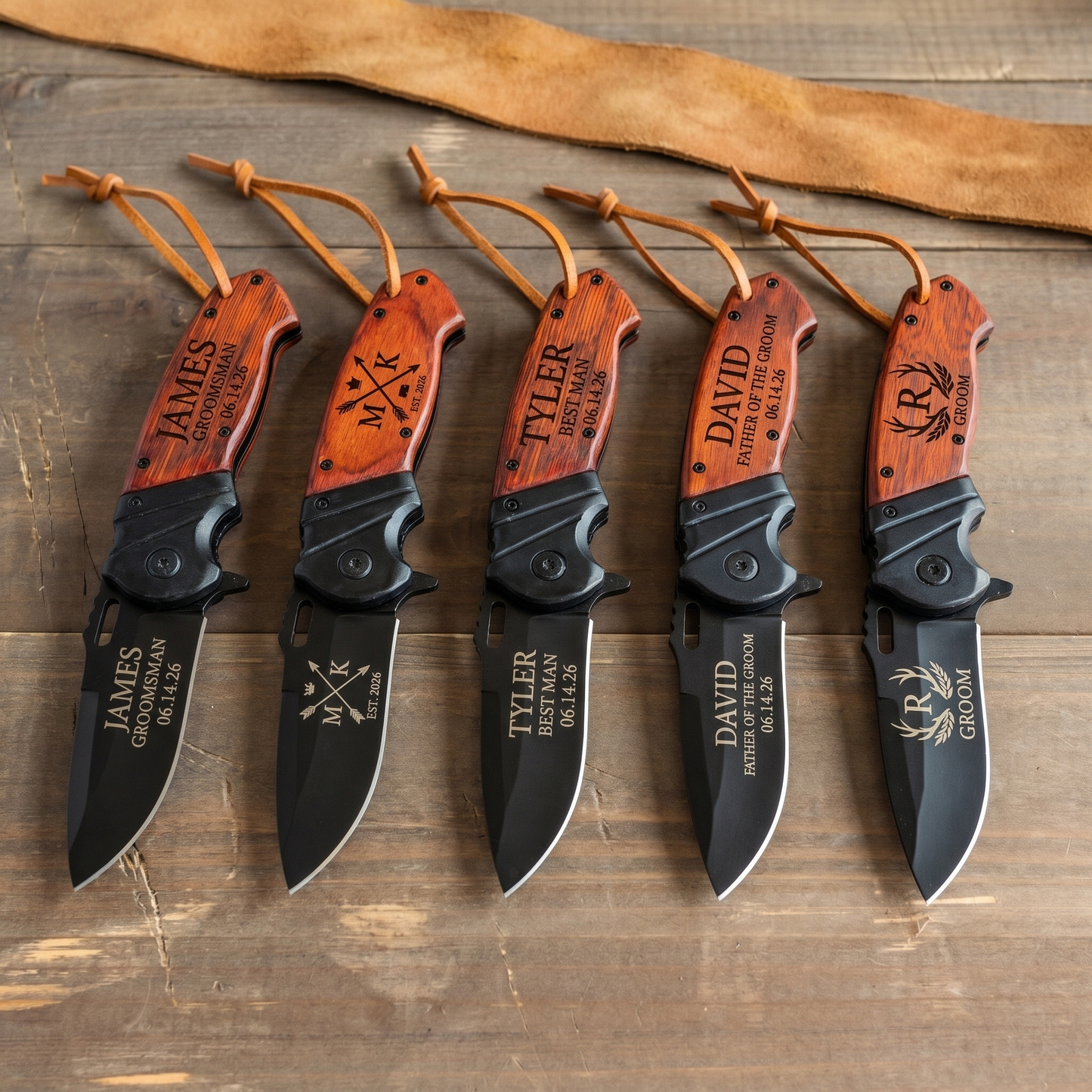 Personalized red handle pocket knives - group lineup of 5 with different engravings for the wedding party
