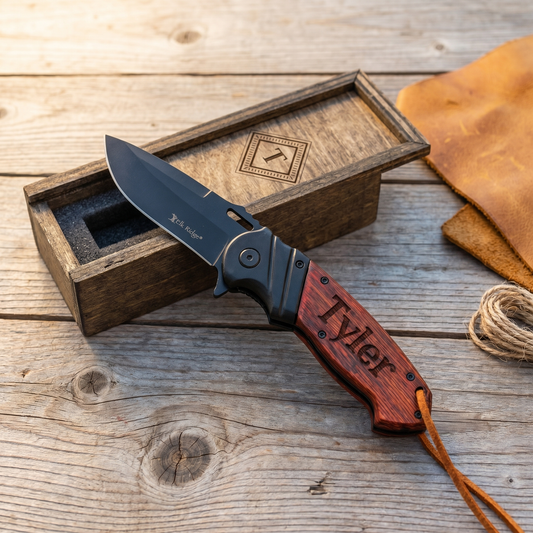 Personalized red handle pocket knife with engraved wooden gift box - workshop hero shot