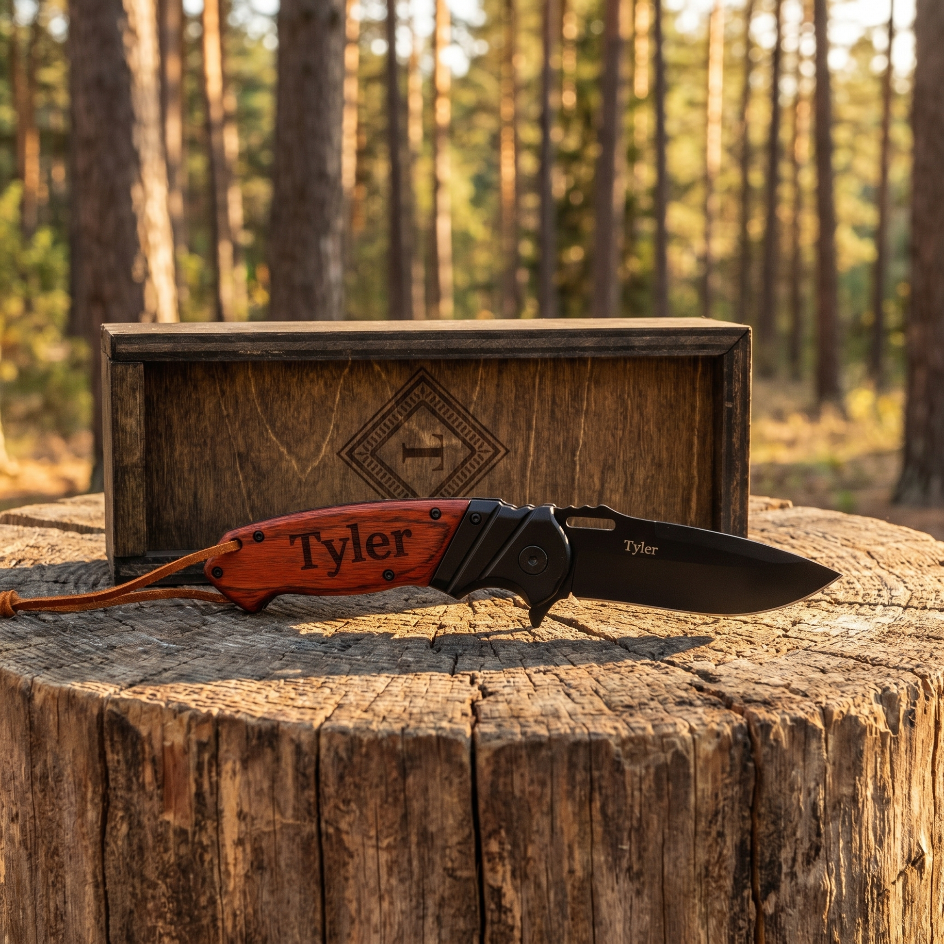 Personalized red handle pocket knife on log slab outdoors - rustic groomsmen gift