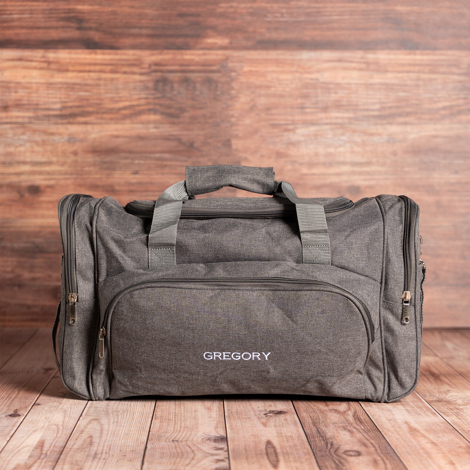 Personalized Grey Duffle Bag side angle - groomsman proposal gift