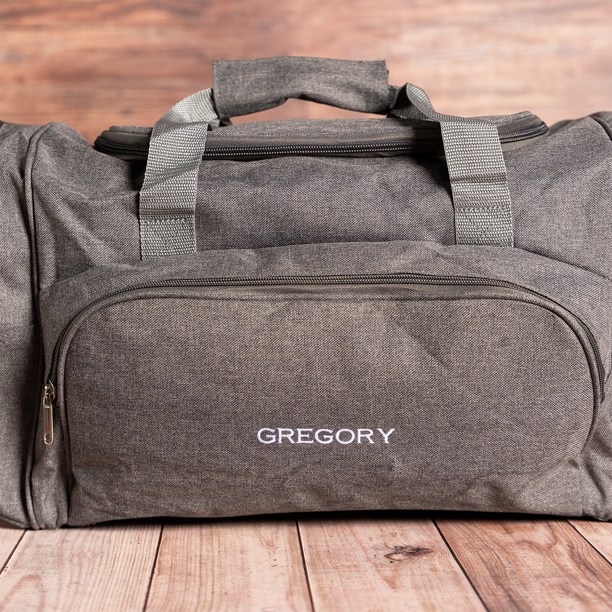 Personalized Grey Duffle Bag detail view - monogrammed travel bag