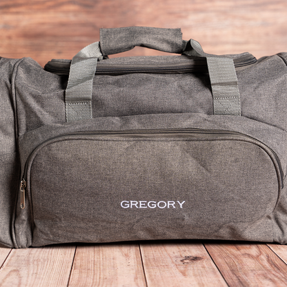 Personalized Grey Duffle Bag detail view - monogrammed travel bag