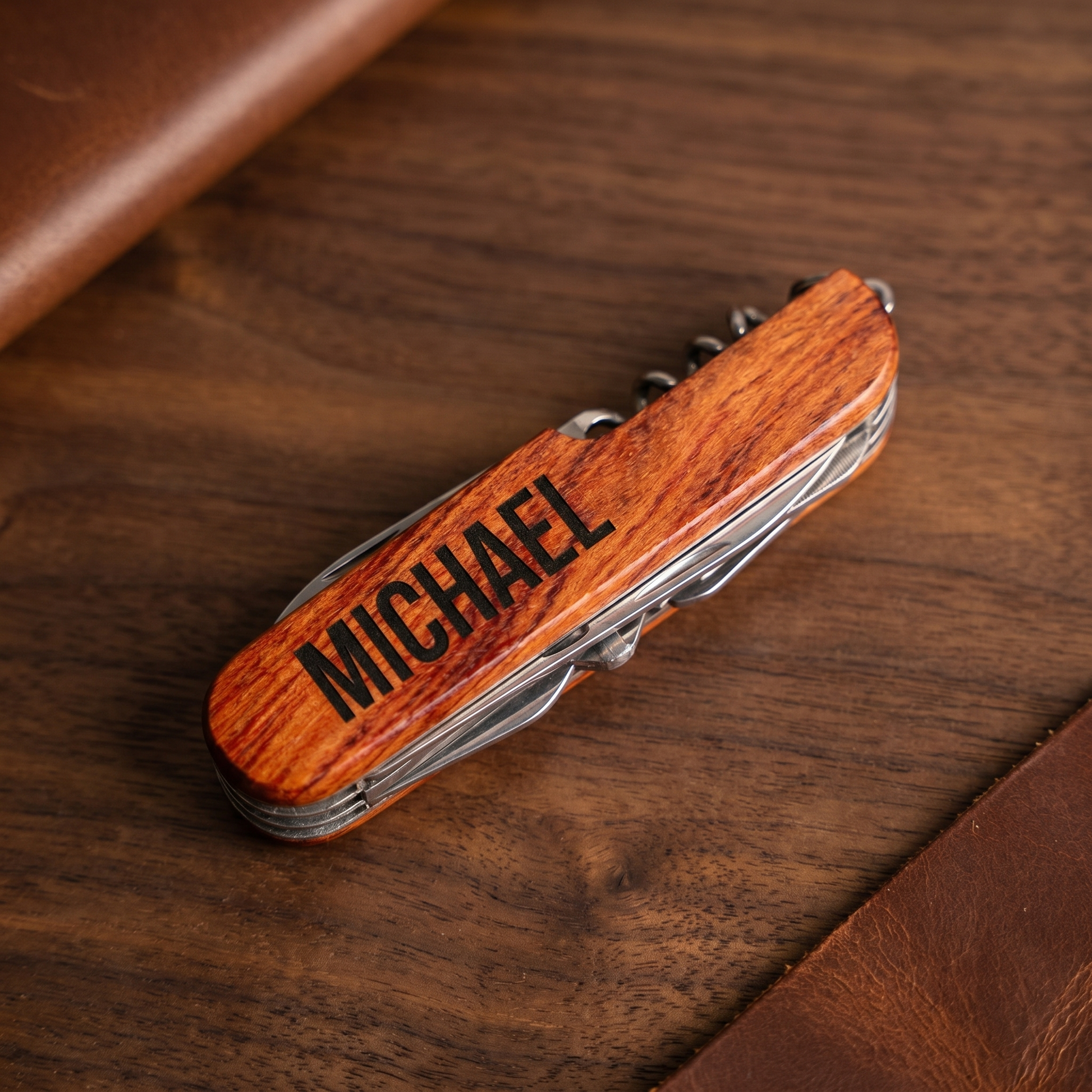 Personalized wood-handled multitool pocket knife with engraved name on walnut surface
