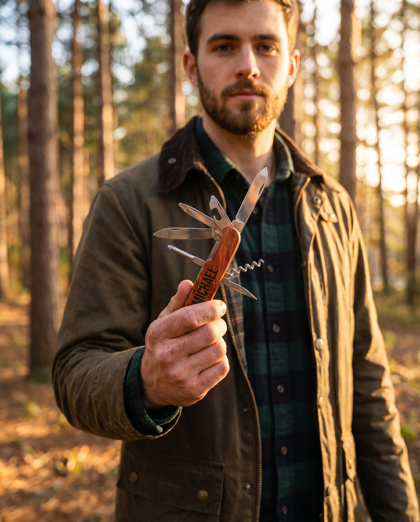 Man in flannel holding the personalized wood pocket knife in a pine forest at golden hour