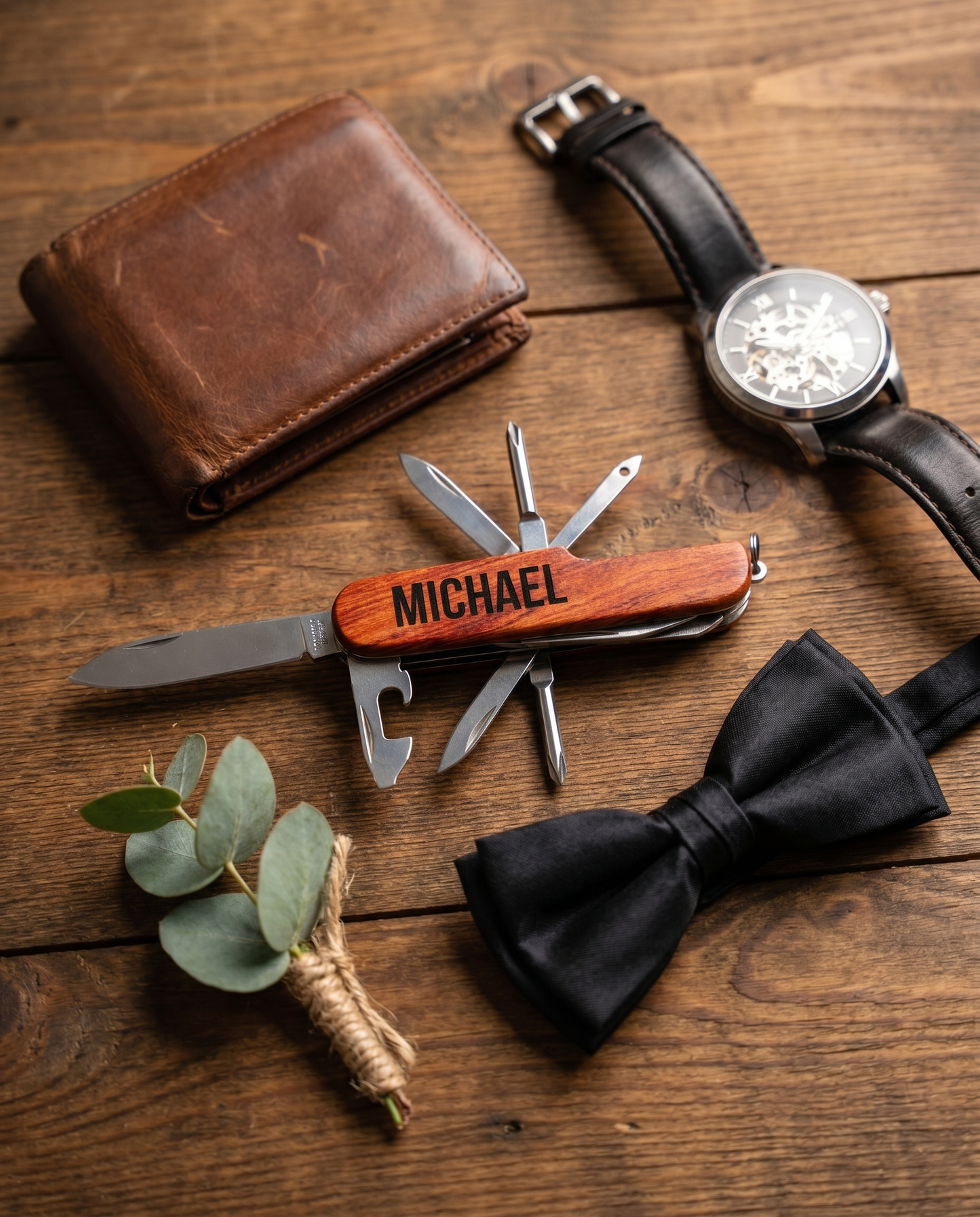 Open multitool pocket knife flat-lay with leather wallet, watch, bow tie, and boutonniere