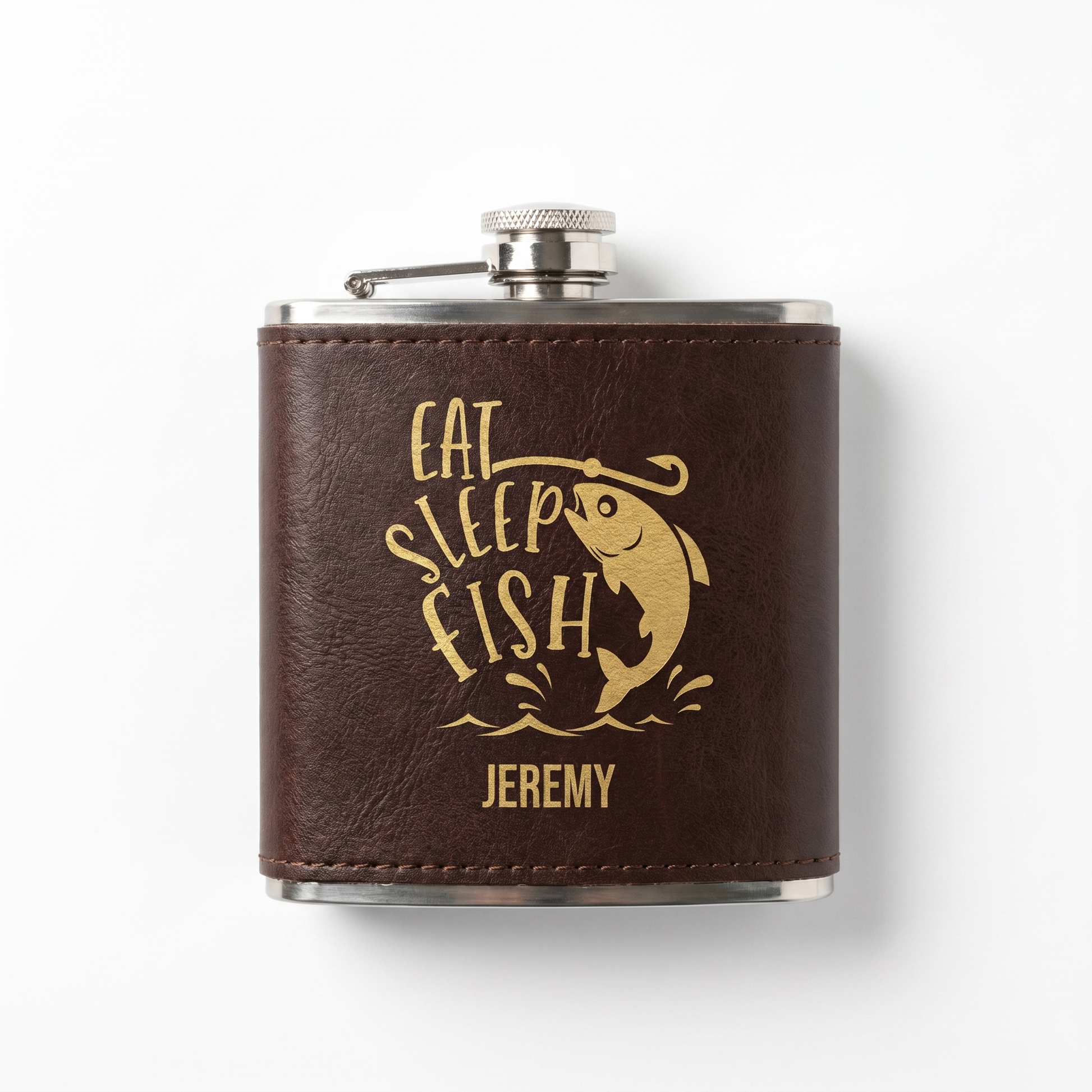 Personalized Dark Brown leather wrapped flask with engraved fishing design and name