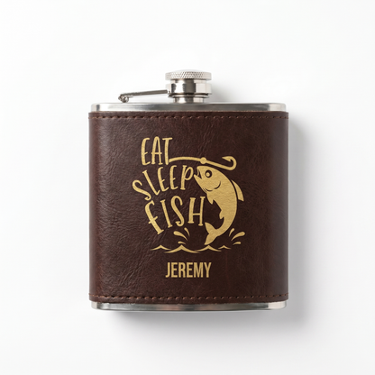 Personalized Dark Brown leather wrapped flask with engraved fishing design and name