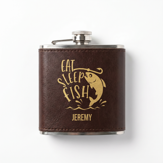 Personalized Dark Brown leather wrapped flask with engraved fishing design and name