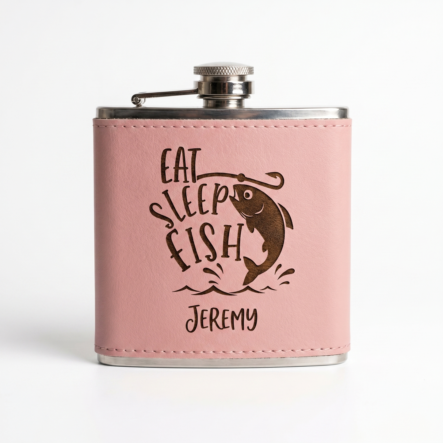 Personalized Pink leather wrapped flask with engraved fishing design and name