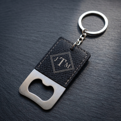 Engraved keychain bottle opener in black vegan leather with JTM diamond monogram — Reserve Collection