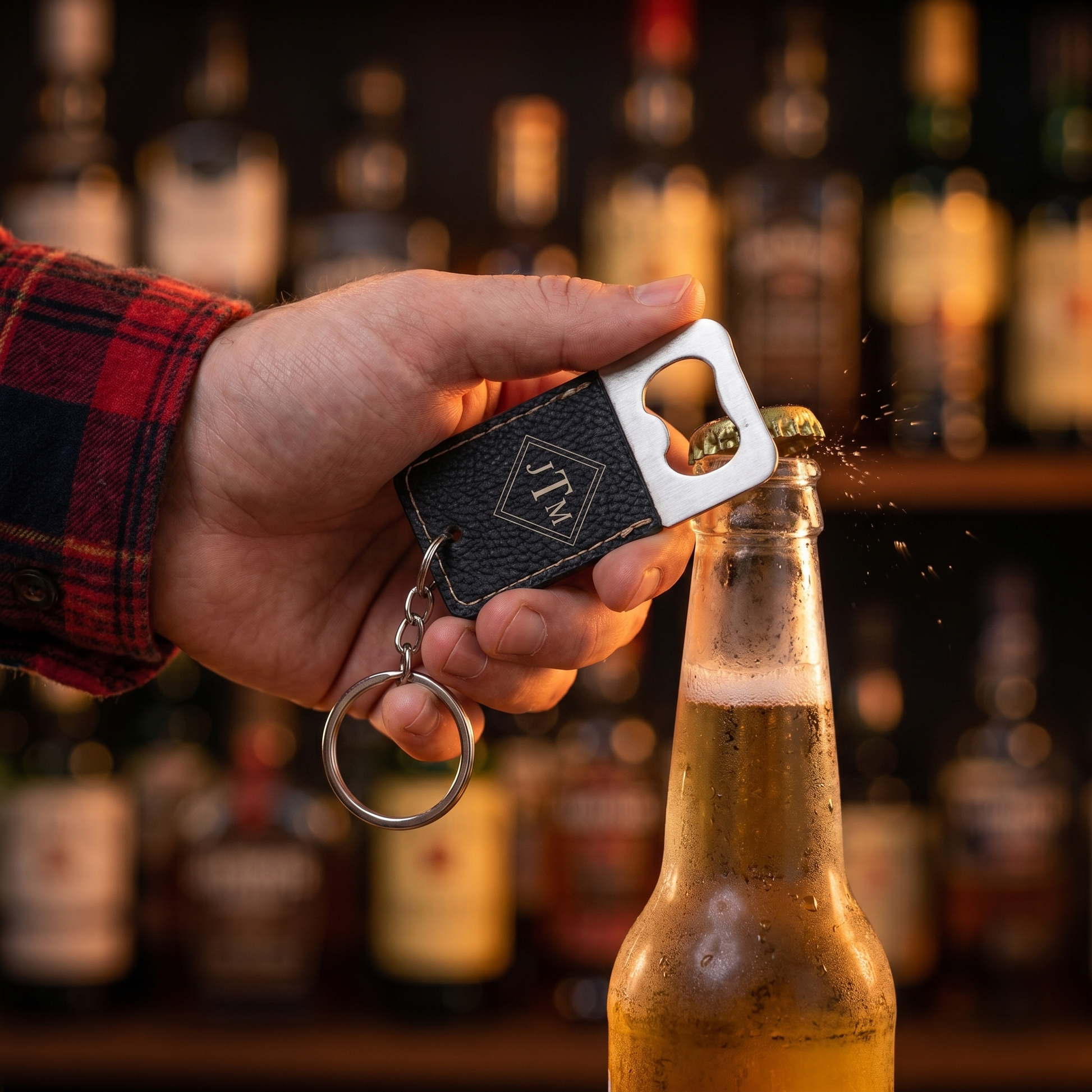 Hand opening a beer bottle with a black engraved keychain bottle opener — lifestyle